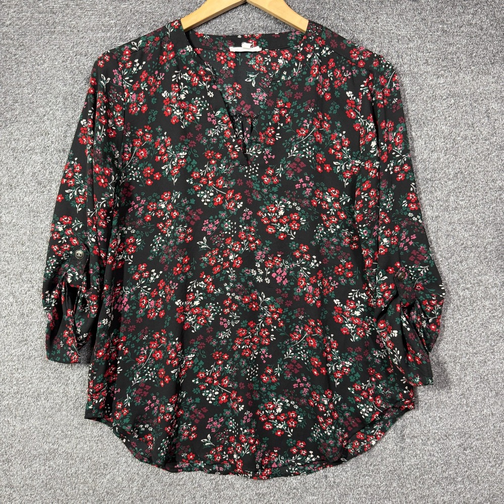 Maurices Blouse Small Womens Black Red Floral Roll Tab Sleeve V-Neck